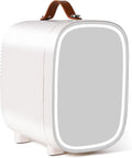 LOKWT Mini Fridge for Bedroom, 4 Liter/6 Can Skincare Fridge With LED Mirror & Leather Carrying Handle,12v AC/DC Cooler & Warmer Portable Small Refrigerator for Drinks, Makeup, Dorm, Office and Car(White)
