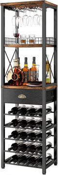 LOKWT Wine Rack Freestanding Floor, Bar Cabinet for Liquor and Glasses, 4-Tier bar Cabinet with Tabletop, Glass Holder, Storage Drawer and Wine Storage for Living Room