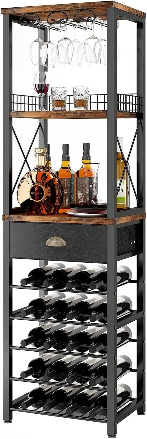 LOKWT Wine Rack Freestanding Floor, Bar Cabinet for Liquor and Glasses, 4-Tier bar Cabinet with Tabletop, Glass Holder, Storage Drawer and Wine Storage for Living Room