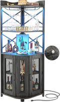 LOKWT Corner Bar Cabinet with Power Outlet, Industrial Wine Cabinet with LED Strip and Glass Holder, 5-Tiers Liquor Cabinet Bar Unit for Home, Corner Display Cabinet for Small Space, Grey Oak