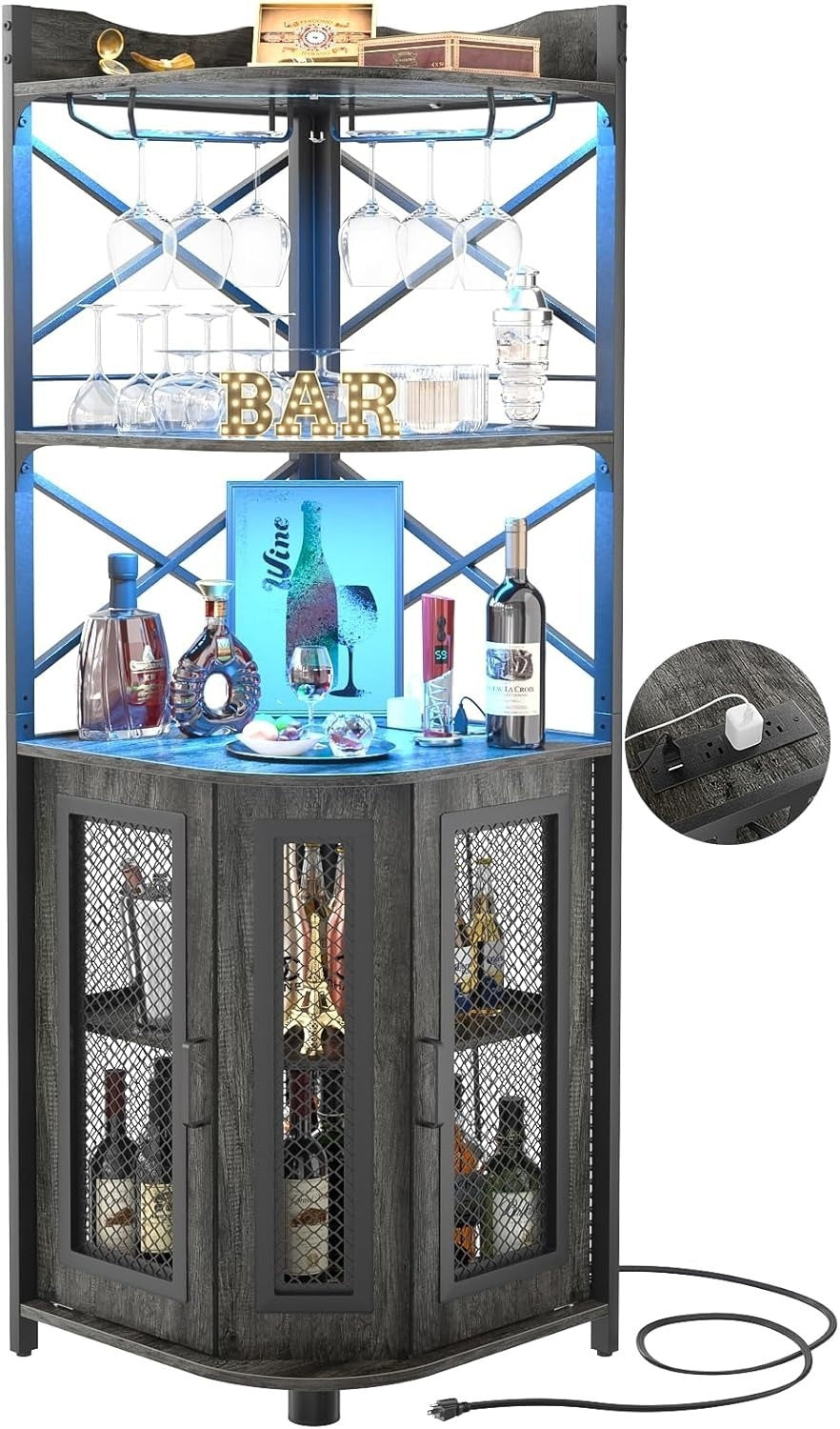 LOKWT Corner Bar Cabinet with Power Outlet, Industrial Wine Cabinet with LED Strip and Glass Holder, 5-Tiers Liquor Cabinet Bar Unit for Home, Corner Display Cabinet for Small Space, Grey Oak