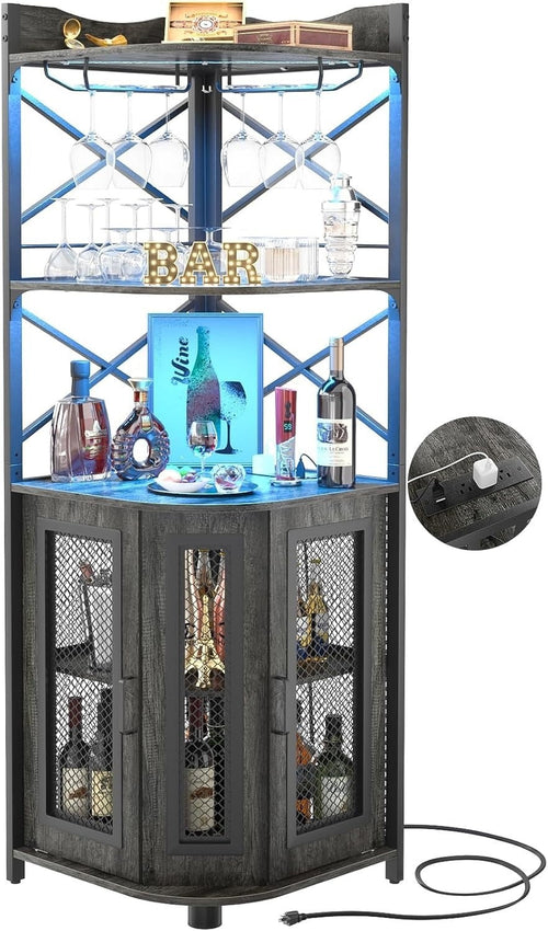 LOKWT Corner Bar Cabinet with Power Outlet, Industrial Wine Cabinet with LED Strip and Glass Holder, 5-Tiers Liquor Cabinet Bar Unit for Home, Corner Display Cabinet for Small Space, Grey Oak