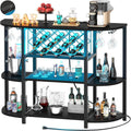 LOKWT 4-Tier Metal Coffee Bar Cabinet with Outlet and LED Light, Freestanding Floor Bar Table for Liquor with Glass Holder and Wine Storage, Wine Table Bakers‘ Rack for Kitchen Dining Room, Black