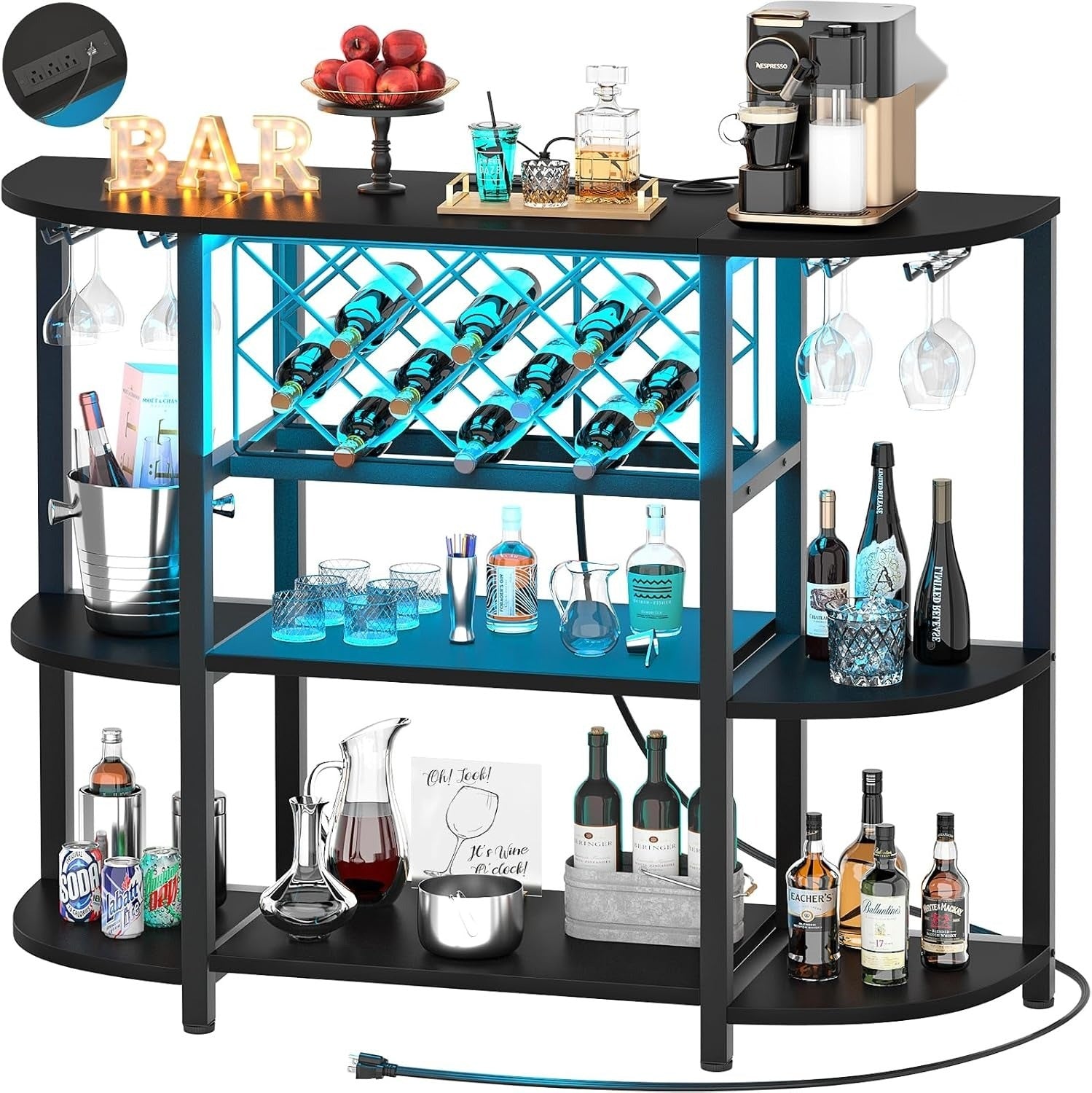 LOKWT 4-Tier Metal Coffee Bar Cabinet with Outlet and LED Light, Freestanding Floor Bar Table for Liquor with Glass Holder and Wine Storage, Wine Table Bakers‘ Rack for Kitchen Dining Room, Black