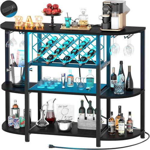 LOKWT 4-Tier Metal Coffee Bar Cabinet with Outlet and LED Light, Freestanding Floor Bar Table for Liquor with Glass Holder and Wine Storage, Wine Table Bakers‘ Rack for Kitchen Dining Room, Black