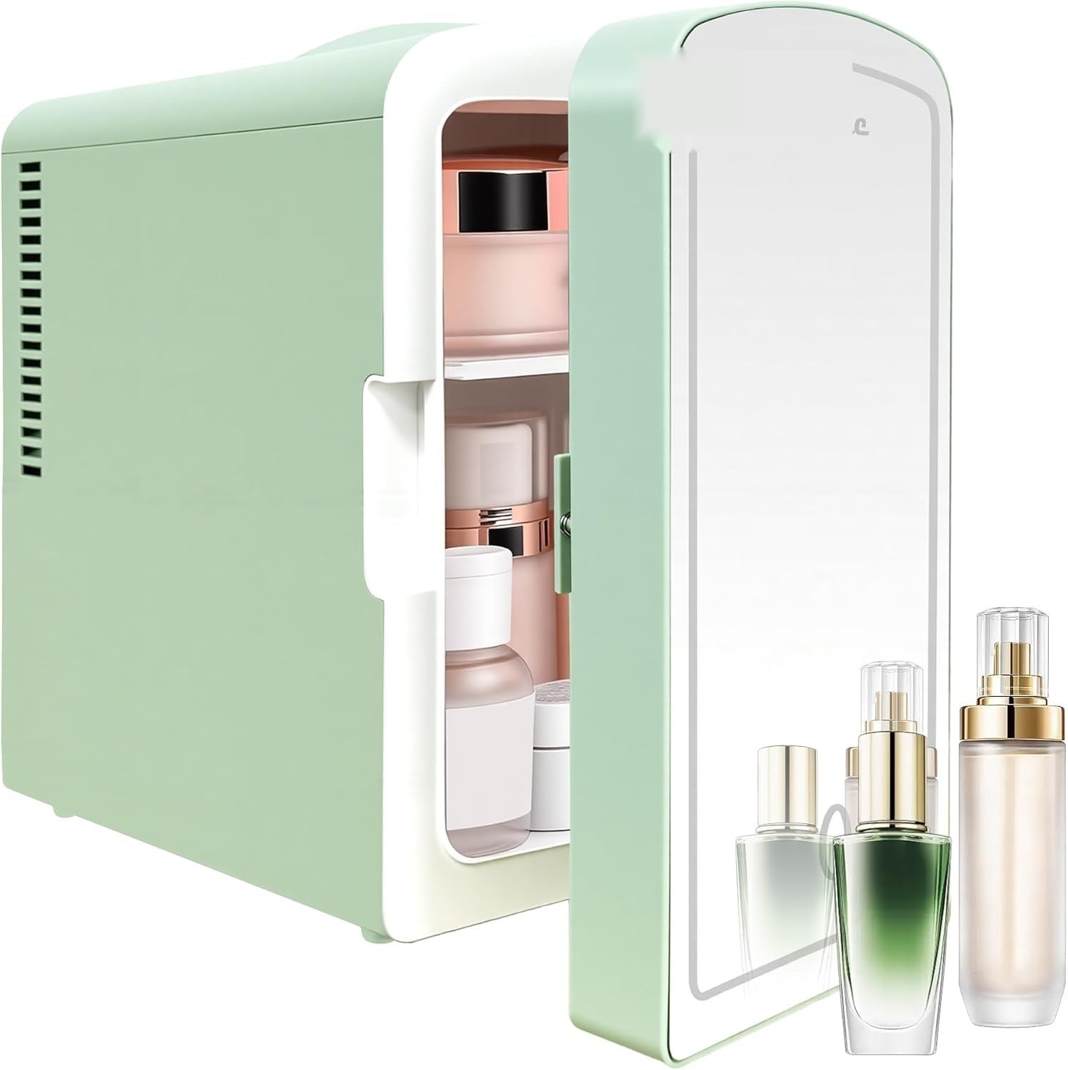 LOKWT Mini Fridge, Skincare Fridge with Dimmable LED Light Mirror, 6 Liter /9 Cans Small Refrigerator for Beauty & Beverages,Mini Fridge for Bedroom, Car, Office & Dorm, Gift - Green